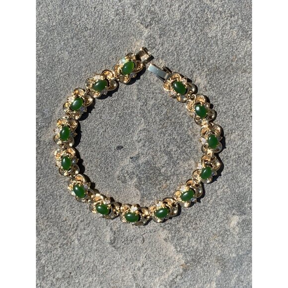 14 Stone Green Jade Filagree with 28 White Crystal Set Stone 7.5" Bracelet .36"W - Picture 1 of 4
